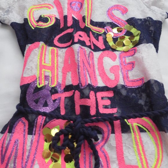 Girls Justice Blue White Stripe Lace Dress - Picture 3 of 4